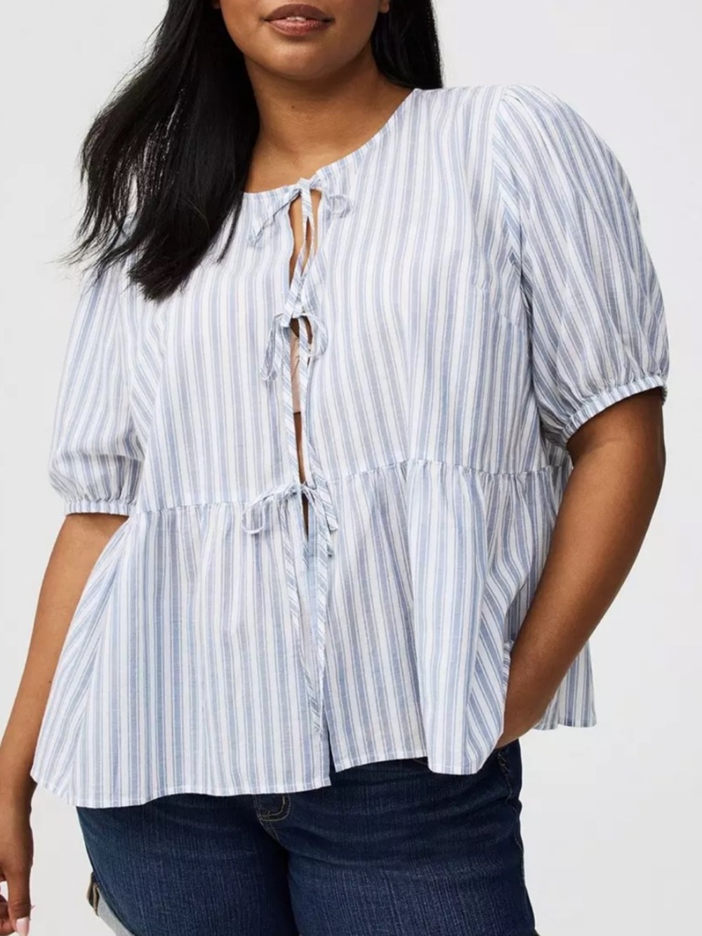 Torrid Puff Sleeve Tie Front Blouse Blue White Stripe Cotton Top Plus Size 2X